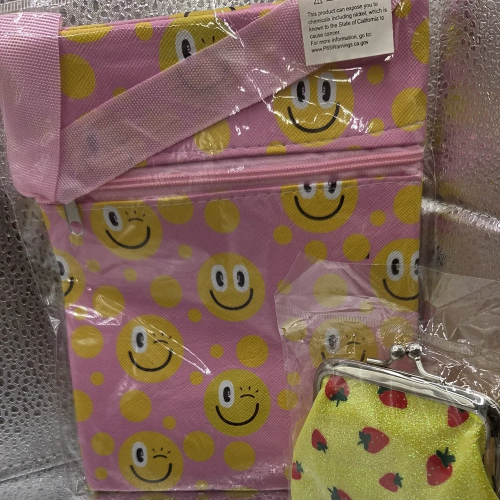 Bags, Smiley Face Pink and Yellow Kids Bag, Yellow W/ Stawberrys Coin Purse NWOT